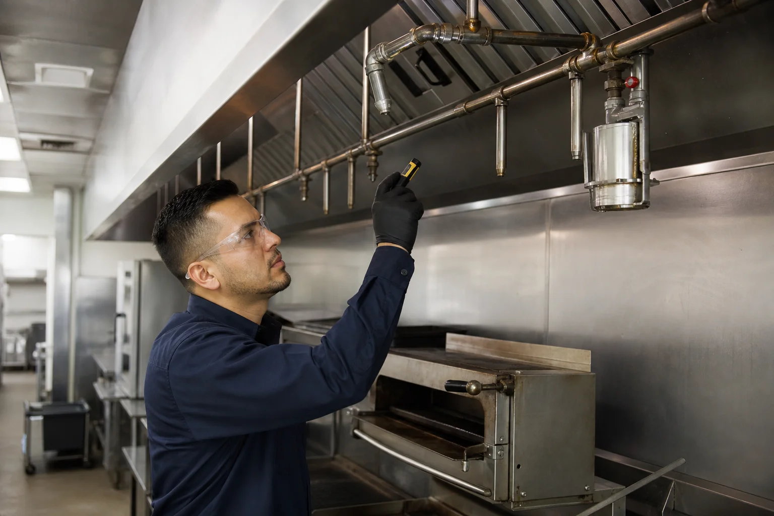 Stainless steel baffle filters lifted out and standing on edge in a row along a drainboard beside a sink.