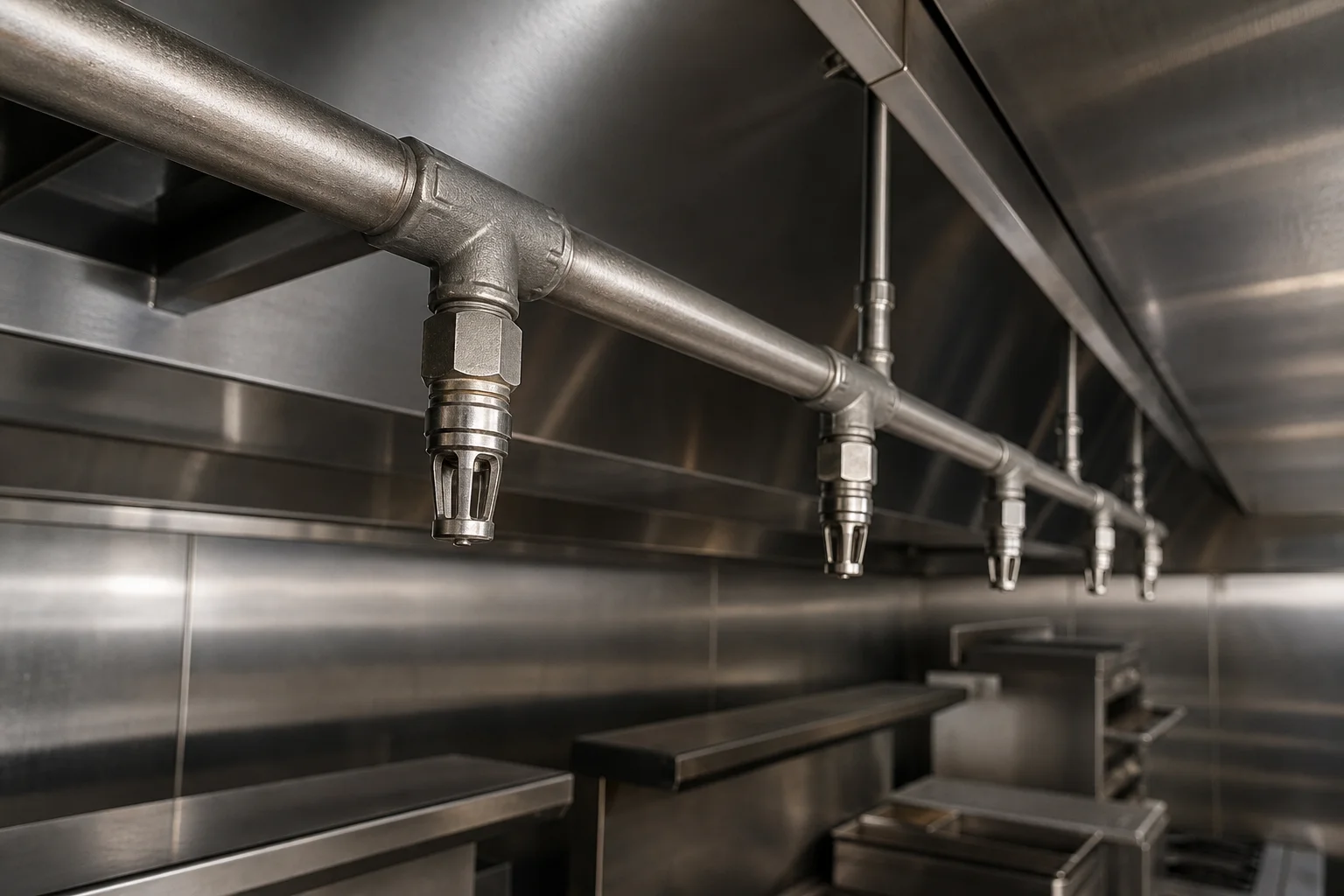 A stainless steel agent cylinder held in a wall bracket, with its brass valve and discharge pipe at the top.